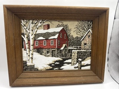 Vintage KAY DEE HandPrints 100% Pure Linen Framed Farm Winter Scene 10.5" × 9" - Image 1 of 4