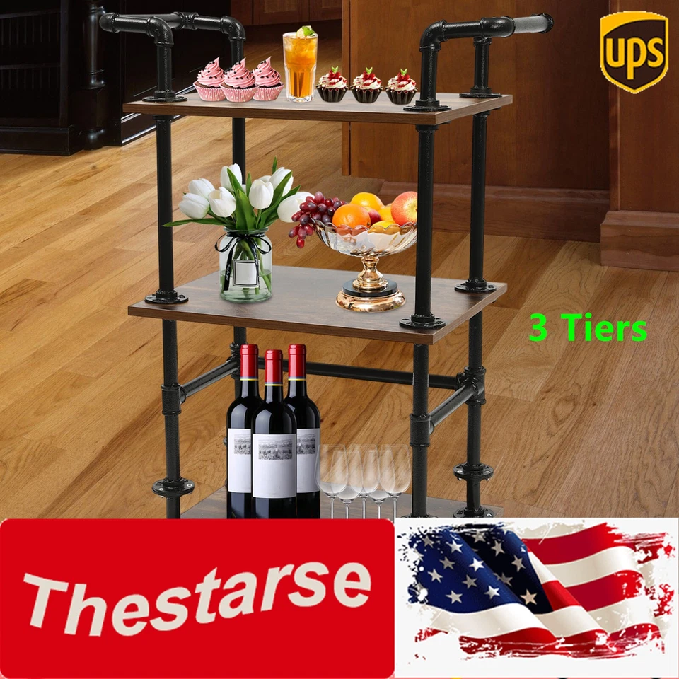 3 Tiers Gold Metal Bar Serving Cart Kitchen Trolley With Wine Rack Glass Holder - Image 1 of 1