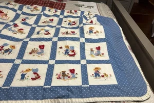 Child TWIN Panel Fabric, Sunbonnet Sue Sam Farm Handmade 54” X 82” QUILT - Picture 1 of 13