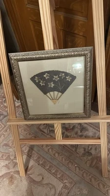 Arte de ventilador de flores prensadas emoldurada, decoração botânica, papel feito à mão, prata ornamentada - Imagem 1 de 4