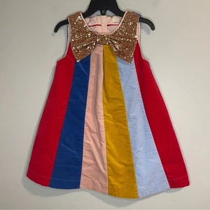 Mini Boden Sparkle Bow Rainbow Dress in Rockabilly Red Multi-stripe - Picture 1 of 6