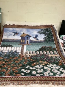 Bird throw blanket American Weaver 1997 bird house yard tapestry fringe - Picture 1 of 15