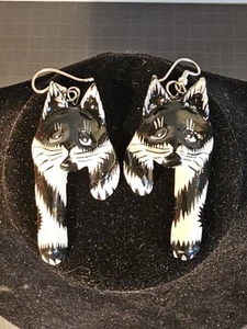 Black And White Striped Cat Hook Earrings - Made Of Wood And Painted On - Picture 1 of 13