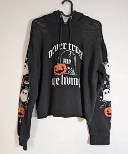 Hot Topic Never Trust The Living Black Crop Top Hoodie Mesh Medium Halloween - Picture 1 of 8