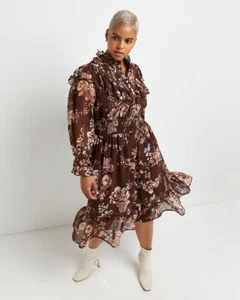 RIVER ISLAND PLUS Brown Floral Shirred Midi Dress UK 20 RRP £68 - Picture 1 of 12