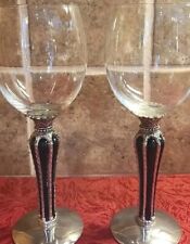 Set Of 2 Wallace Silversmith Royal Onyx Wine Glasses  9"  Black And Silver Stem 