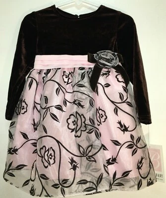Bonnie Baby Girls Size 18 Months Beautiful Brown/Pink Flocked Holiday Dress NWT - Image 1 of 4