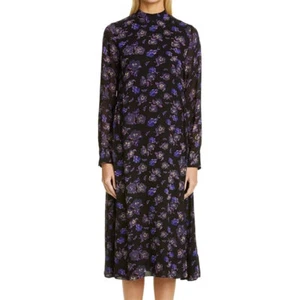 Ganni purple georgette midi floral long sleeve mock neck cocktail dress 38/US 6 - Picture 1 of 11