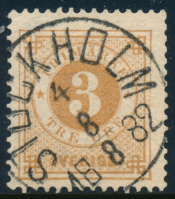 Sweden Scott 28/Facit 28, 3ö yellow-brown Ringtyp p.13, FVF U STOCKHOLM 4 cancel - Image 1 of 1