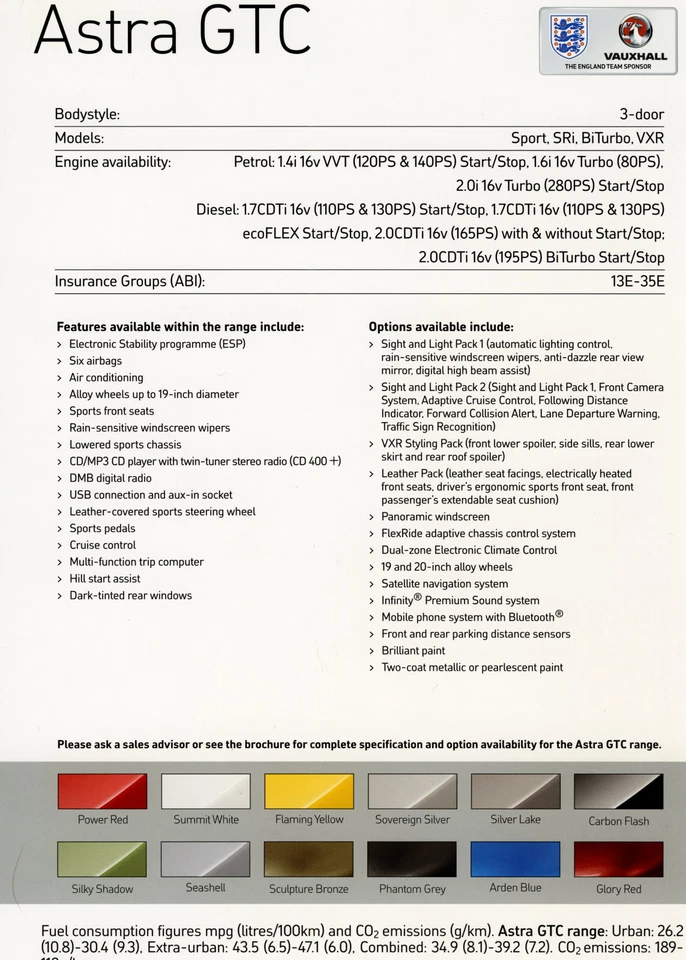 Vauxhall Astra GTC Showroom Specification Sheet 2012, Sport, SRi, BiTurbo, VXR - Image 1 of 1