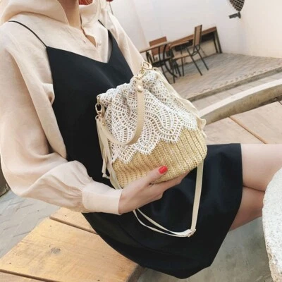 Women Beach Handbag Bucket Bag Straw Bucket Rattan Woven Shoulder Purse Bag - Image 1 of 4