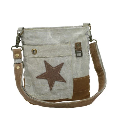 Leather Star Recycled Khaki Canvas Cross Body Bag-Medium Size-Lots of Pockets  - Image 1 of 4