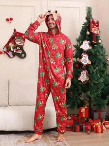 New Christmas Reindeer One Piece Hooded Long Sleeve Zip Up Pajamas Size L to XXL - Picture 1 of 8