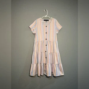 Girls’ Three Pink Hearts Rainbow Striped Dress Size L EUC - Picture 1 of 4