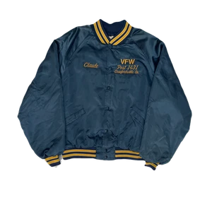Vintage 80s VFW Post 1431 Satin Baseball Jacket - Dark Blue - Size Large - Picture 1 of 6