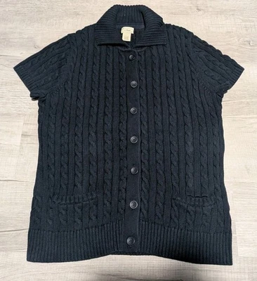 LL Bean Sweater Womens Sz XL Cable Knit Cardigan Cotton Navy Blue Short Sleeve - Image 1 of 4