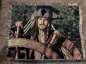 VTG Johnny Depp Pirates Of The Caribbean Tapestry Throw Blanket 55"x42" Disney - Picture 1 of 4