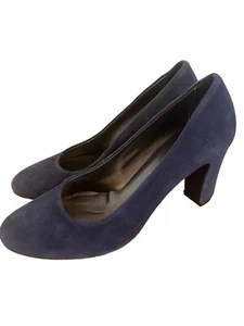 Aquatalia Classic Round Toe Blue Suede Chunky Square Heel Shoes Size 6.5 - Picture 1 of 10