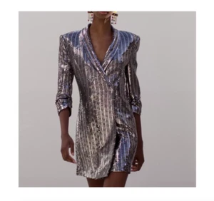 ZARA SILVER SEQUIN TUXEDO METALLIC BLAZER MINI DRESS 2495/560 - Picture 1 of 8