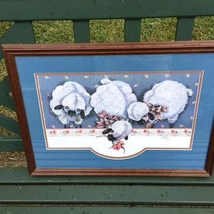 Antique Primitive SHEEP on FARM Wool Baa Baa Black Framed Art SIGNED & RARE - Picture 1 of 6