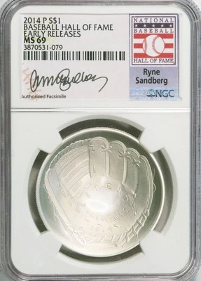 2014-P $1 Ryne Sandberg Baseball Hall of Fame NGC MS69  Early Releases - Image 1 of 2