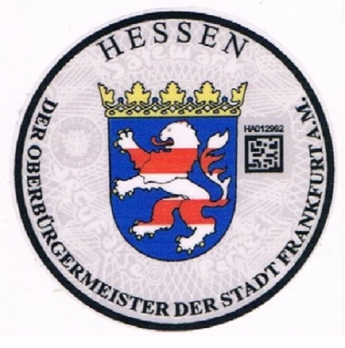 AUFKLEBER ABZEICHEN HESSEN DER OBERBURGERMEISTER DER FRANKFURT NUMMERNSCHILD SIEGEL 1 STÜCK