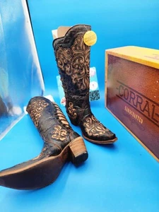 Corral Handcrafted Boots Black Snip with Brown Inlay & Braids A3107 USA Size 10 - Picture 1 of 11