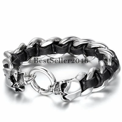 Brazalete de cuero trenzado con cadena de bordillo de calavera gótica de acero inoxidable para hombre Foto 1 de 4
