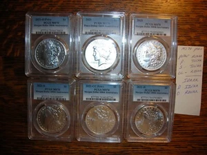 2021 1 $ SILBER PEACE & MORGAN P,S,O,D,CC SLABBED PCGS MS70 KOMPLETTSATZ - Bild 1 von 13