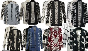 LADIES MULTI PRINT OPEN WATER FALL SWEATER LONG SLEEVE TOP JUMPER CARDIGANS - Picture 1 of 33