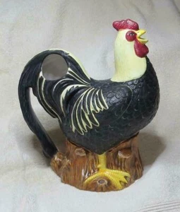 Vintage Sakura Hand Painted Ceramic Rooster Pitcher Teapot Warren Kimble Black - Picture 1 of 7
