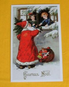 1x Postkarten Weihnachten KINDER Weihnachtsmann heureux noël Retro / Nostalgie 