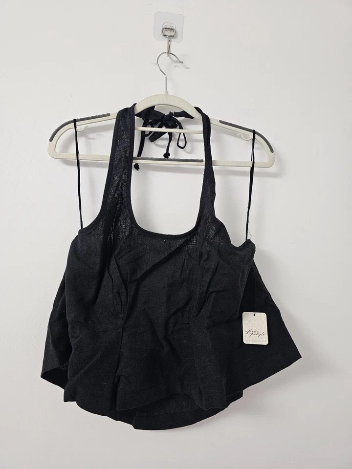 Free People Melted Away Halter Top Womens L Black Linen Blend Open Back - Image 1 of 4