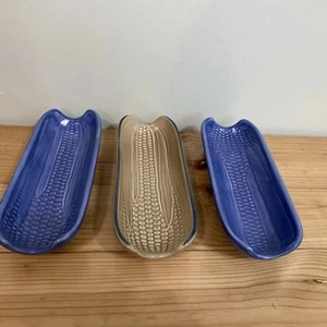 Set of 3 VTG Pfaltzgraff Blue/Beige Corn On The Cob Holder Dish Tray 8.5" - Picture 1 of 8