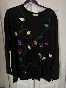The Quacker Factory Pullover Womens 1X Plus Christmas Lights Sequins - Picture 1 of 6