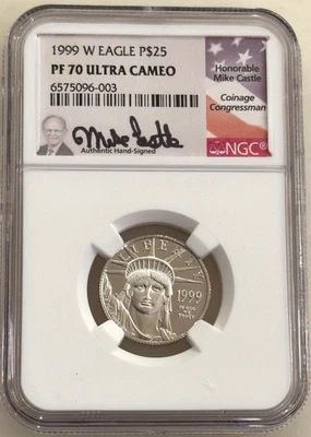1999-W $25 PLATINUM EAGLE STATUE OF LIBERTY NGC PF70 Mike Castle - 1/4 Ounce - Image 1 of 2