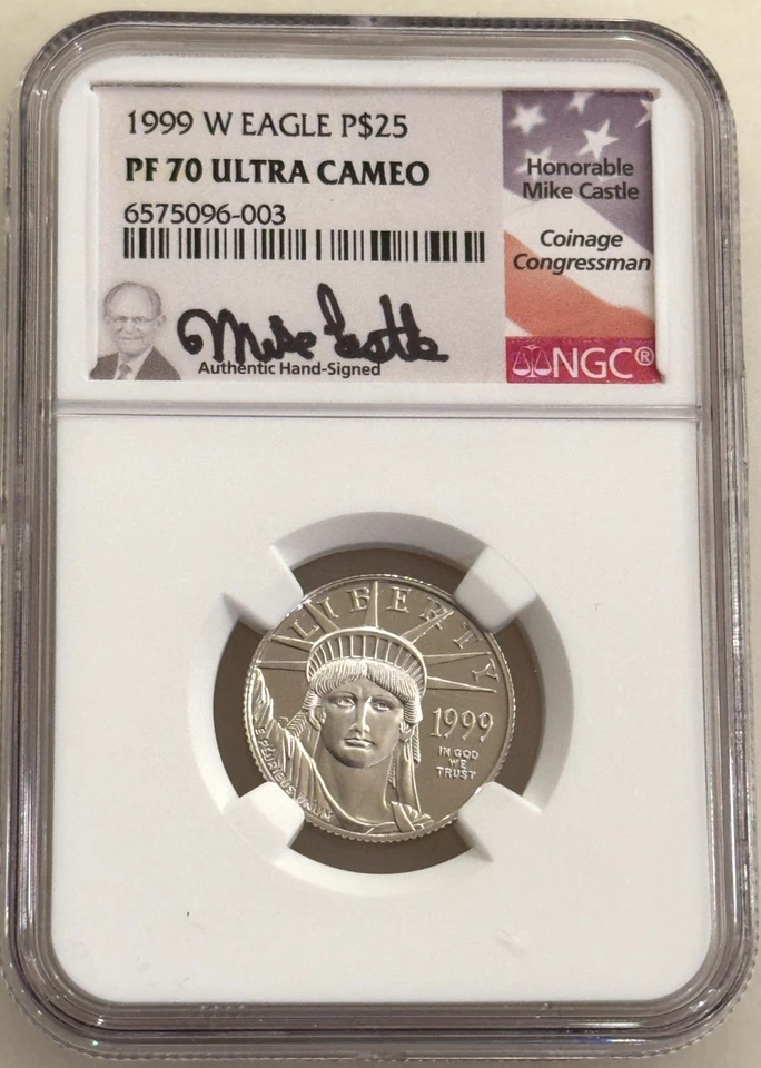 1999-W $25 PLATINUM EAGLE STATUE OF LIBERTY NGC PF70 Mike Castle - 1/4 Ounce - Image 1 of 2