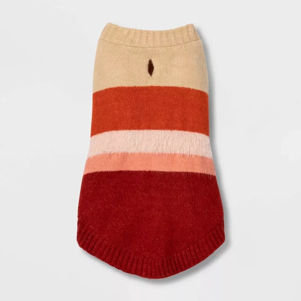 Boots & Barkley Fuzzy Stripe Dog Sweater - Deep Orange and Burgundy XL - Image 1 of 1