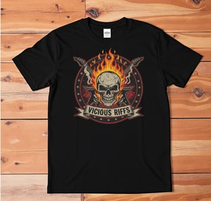 Vicious Riffs T-Shirt Skull with Flaming Guitars Heavy Metal Rock Grafik Tee - Bild 1 von 3