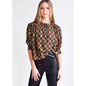 Never A wallflower Cynthia Short Sleep Puff Sleeve Top Squares XS NWT NEW - Picture 1 of 2