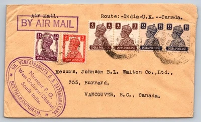 India correo aéreo a Canadá mejorado atado rey Jorge VI Narsapur cancelar sobre Foto 1 de 3