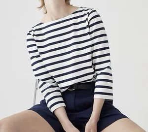 J Crew Classic Mariner Boatneck T-Shirt Womens Sz M Top Ivory Navy Stripe BY293 - Picture 1 of 8
