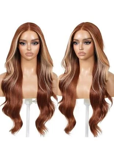 13X4 Lace Front Wig Auburn Blonde Mix 100% Remy Human Hair Wavy Curls Remy Soft - Picture 1 of 3