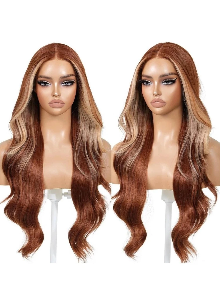 Peluca frontal de encaje 13X4 color rubio rojizo mezcla 100 % cabello humano Remy rizos ondulados Remy suave Foto 1 de 1