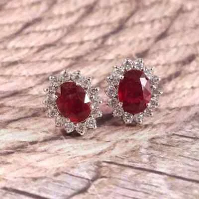 3CT Oval Cut Lab Created Red Ruby Women Halo Stud Earrings 14K White Gold Plated - Image 1 of 4