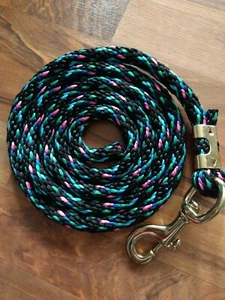 Horse Nylon poly round Lead Rope 80 inches with brass Swivel Snap-blk/turq/pink - Picture 1 of 2