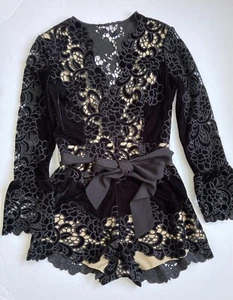 Saylor Black Velvet Romper Embroidered Floral Lace Long Sleeve Women’s Size M - Picture 1 of 18