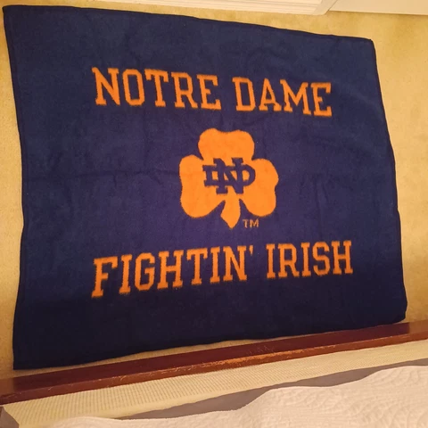 Notre Dame Fleece Throw Blanket Biederlack  56x46 Vtg 1990s Fighting Irish Cover