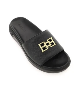 NIB BALLY JAXONS BLACK LEATHER B CHAIN GOLD LOGO SANDALS FLOPS SLIDES 10 D - Picture 1 of 11