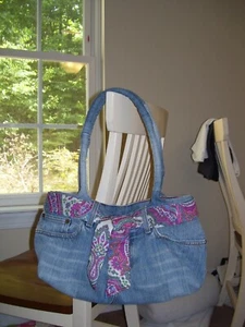 Homemade Belted Denim Handbag 2 Handles Tote Shoulder Bag Purse Hobo - Picture 1 of 9